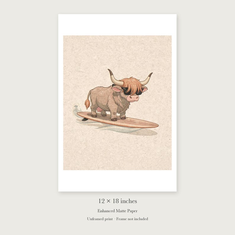 Highland Cow Surfing Art Print, Framed or Unframed Coastal Nursery Poster image 8