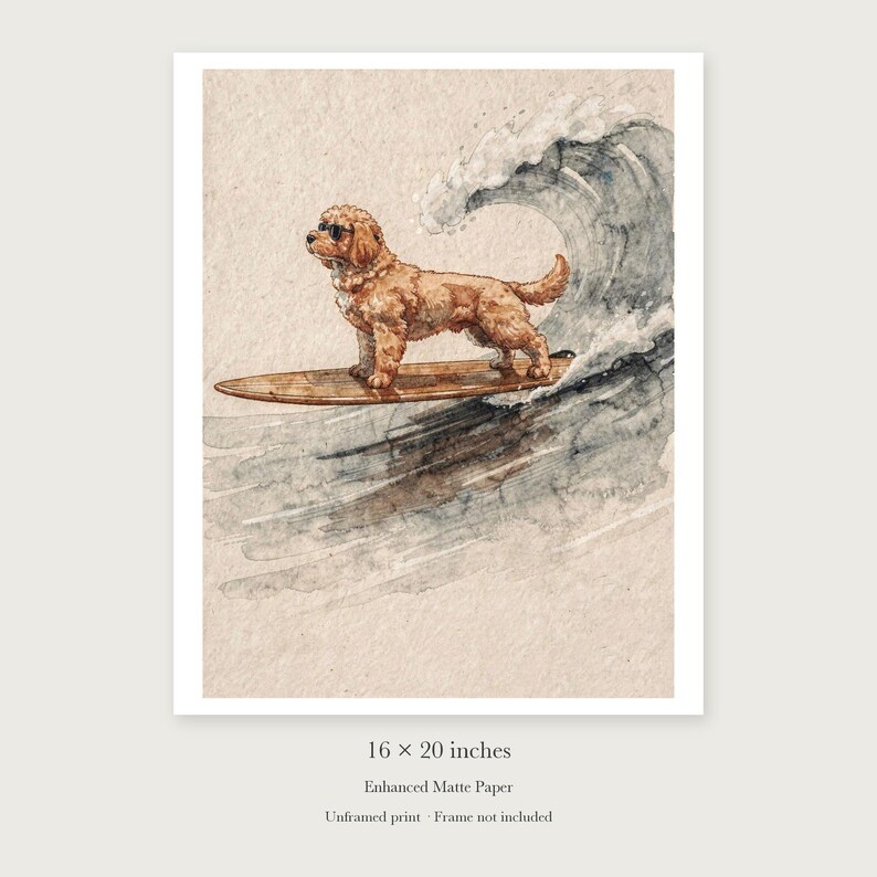Goldendoodle Surfing unframed 16 by 20 inch print on enhanced matte paper, shown with its white paper border.