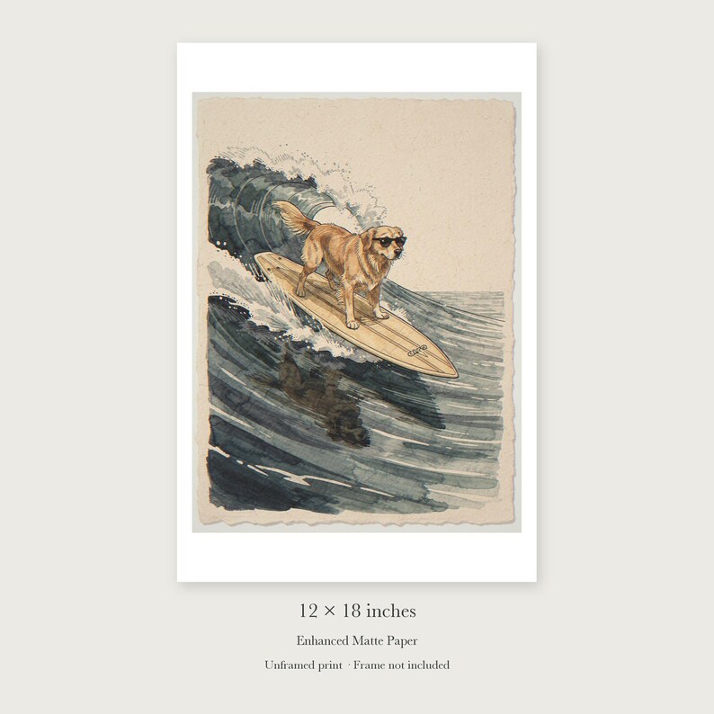 Lámina artística de Golden Retriever surfeando, póster de perro estilo acuarela con o sin marco. imagen 8