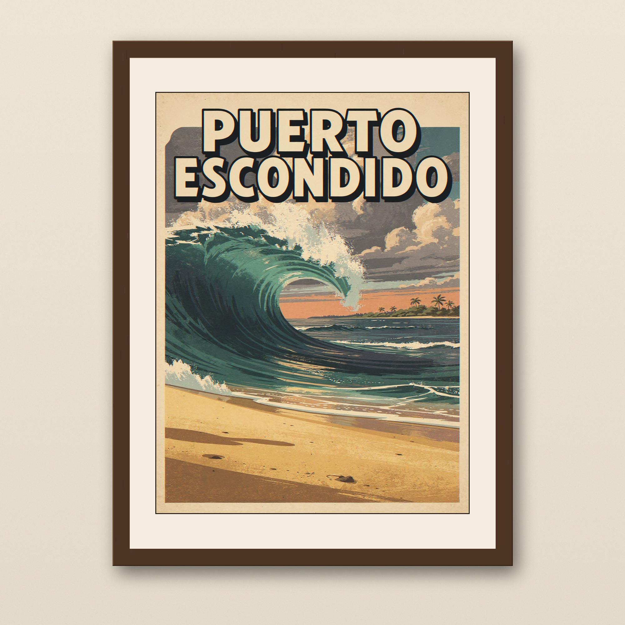 Puerto Escondido Mexico Surf Poster - walnut framed art print with cream mat on plaster wall