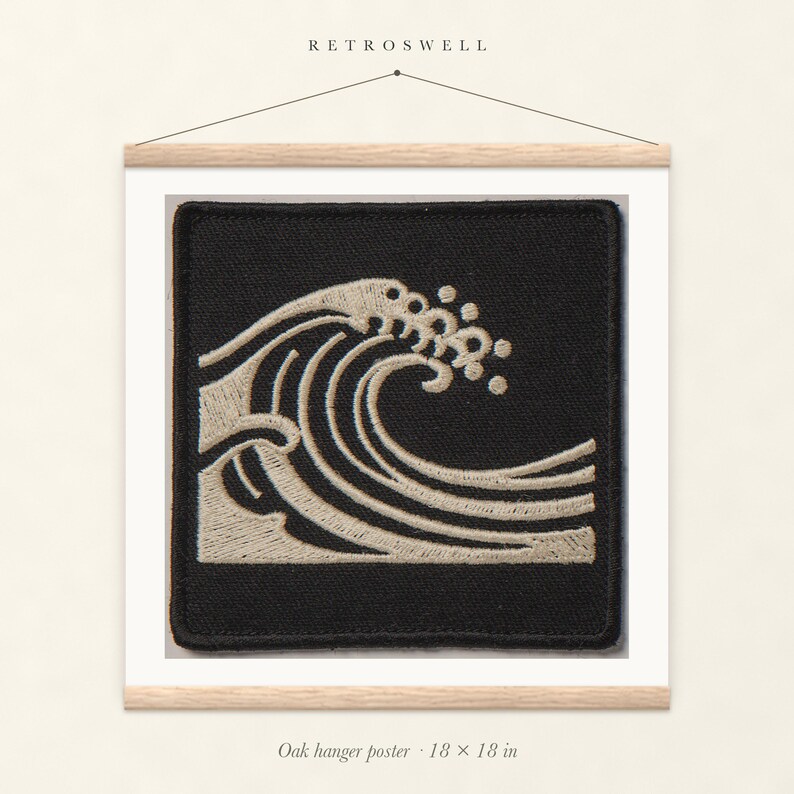 Wave Patch oak hanger poster, 18 by 18 inches, with natural wood rails and a hanging cord.