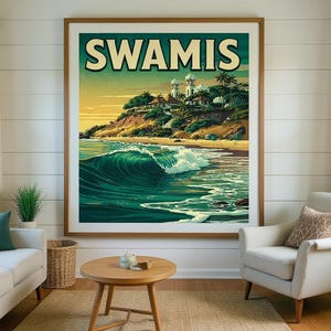 Swamis Surf Poster framed in a beach-style living room setting