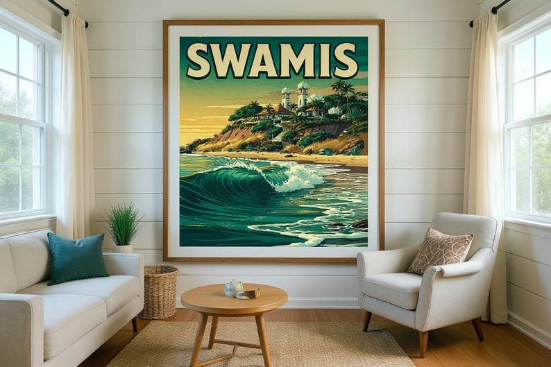 Swamis Surf Poster framed in a beach-style living room setting