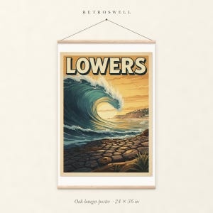 Lowers Trestles Surf oak hanger poster, 24 by 36 inches, with natural wood rails and a hanging cord.