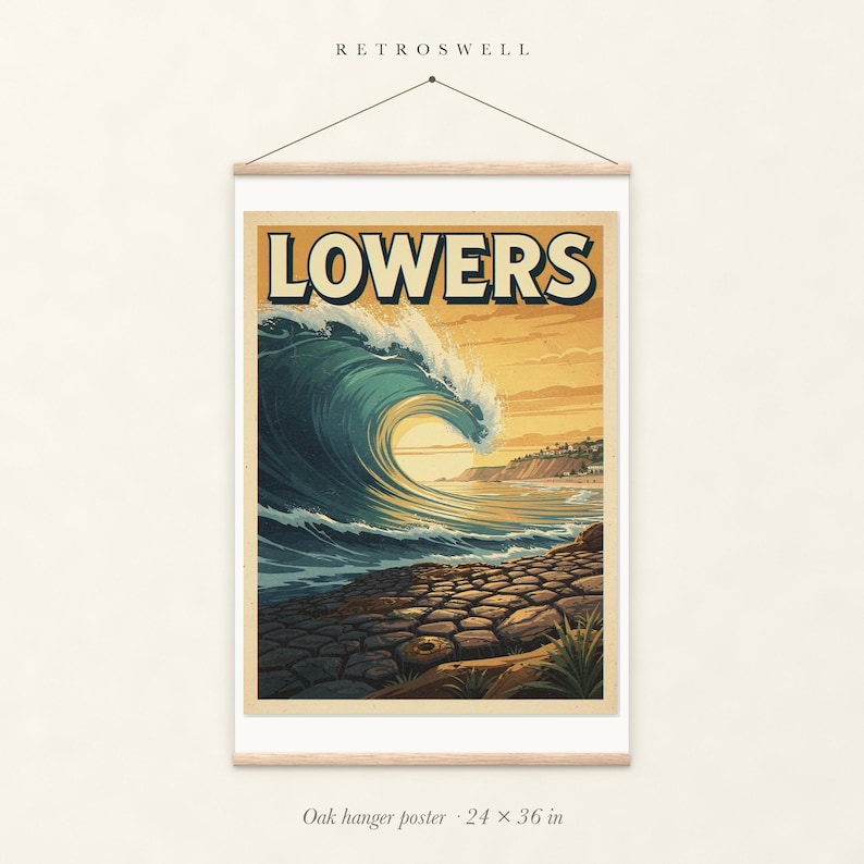Lowers Trestles Surf oak hanger poster, 24 by 36 inches, with natural wood rails and a hanging cord.