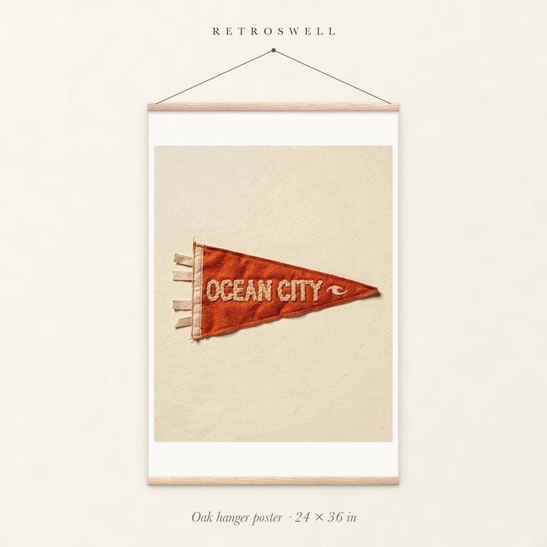 Ocean City, Maryland Surf Pennant oak hanger poster, 24 by 36 inches, with natural wood rails and a hanging cord.