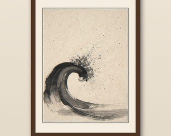 Bathroom Wall Art | Sumi-e Wave Ink Print | Spa Zen Ocean Decor | Printable Wall Art Digital Download