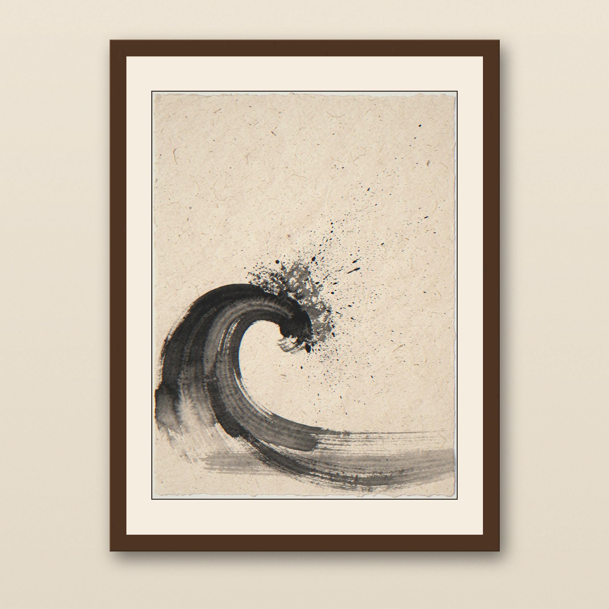 Sumi-e Breaking Wave Print - walnut framed art print with cream mat on plaster wall