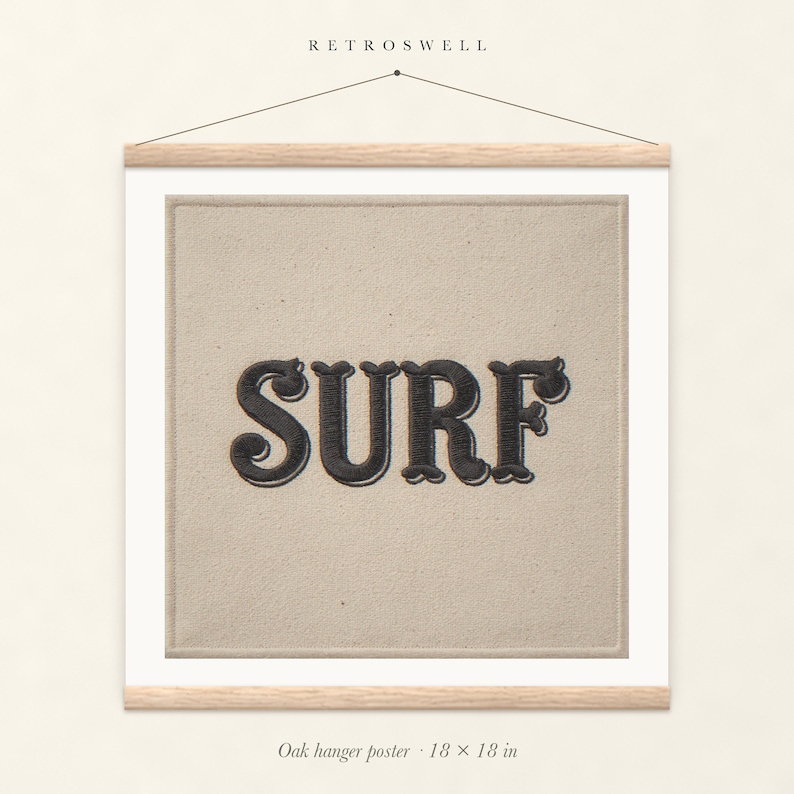 Surf Patch oak hanger poster, 18 by 18 inches, with natural wood rails and a hanging cord.