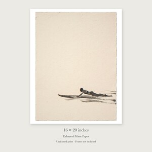 Paddling Surfer Ink Style unframed 16 by 20 inch print on enhanced matte paper, shown with its white paper border.