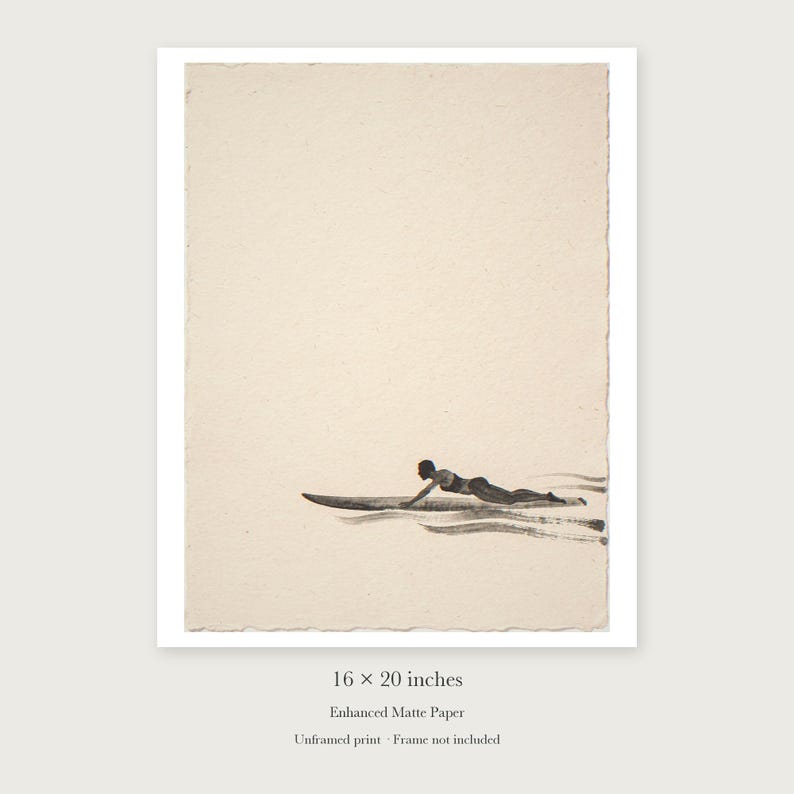 Paddling Surfer Ink Style unframed 16 by 20 inch print on enhanced matte paper, shown with its white paper border.