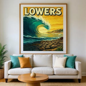 Lowers Surf Poster framed in a beach-style living room setting
