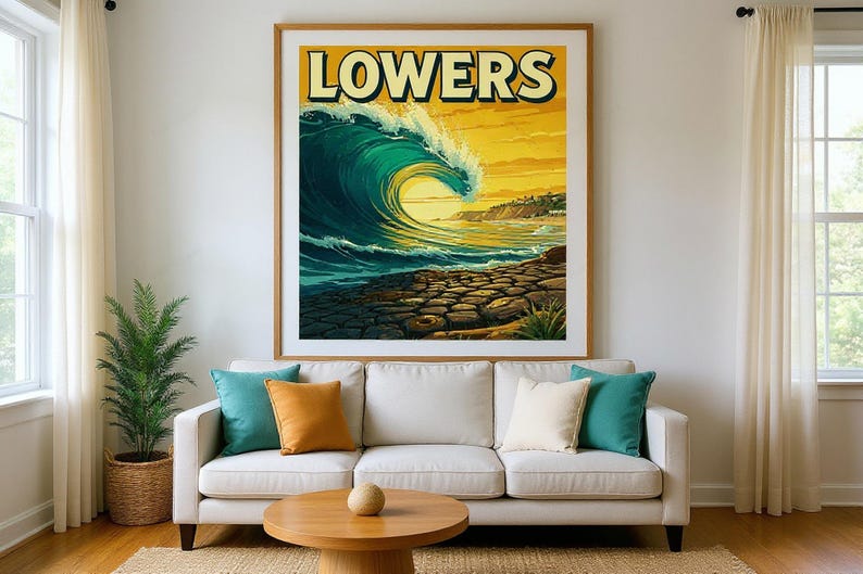 Lowers Surf Poster framed in a beach-style living room setting