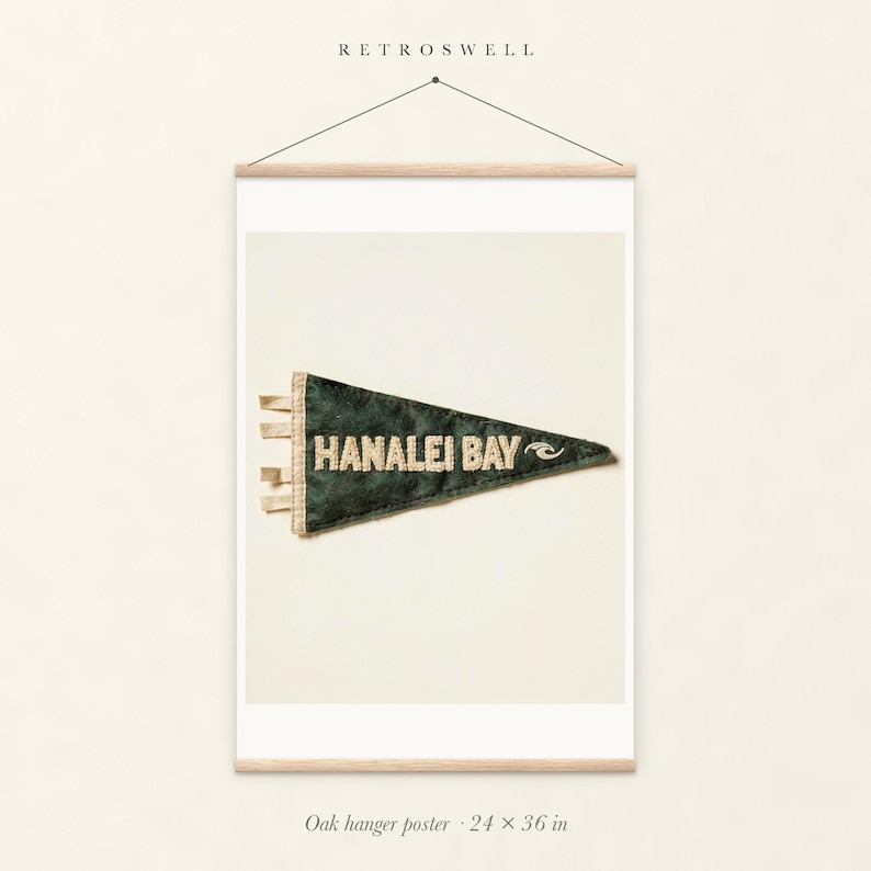 Hanalei Bay Surf Pennant oak hanger poster, 24 by 36 inches, with natural wood rails and a hanging cord.