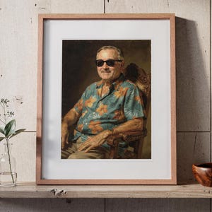 Harry S. Truman Surfer printable art, shown printed in a Red Oak frame with a white mat, leaning on the ledge against the wall in a hallway.