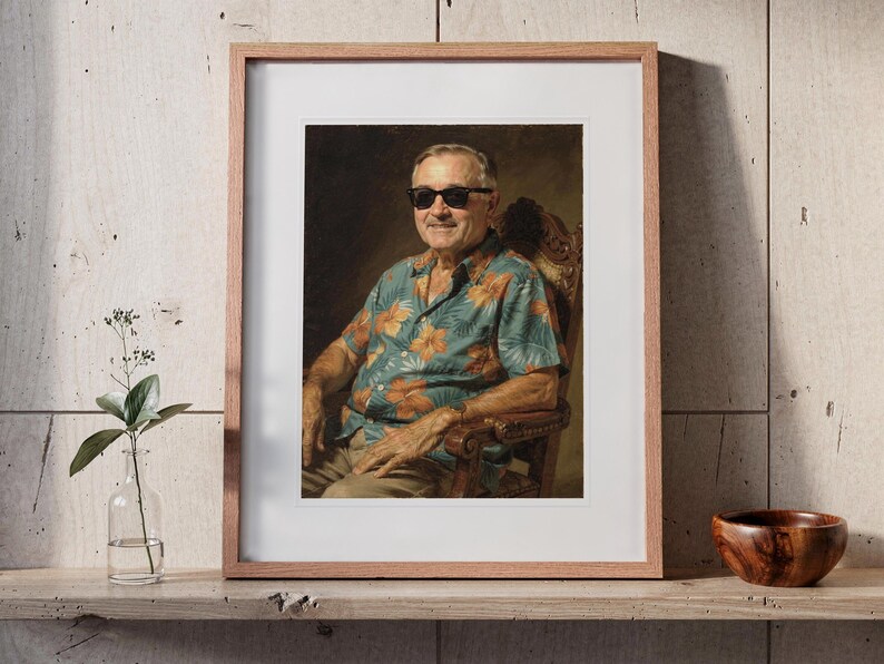 Harry S. Truman Surfer printable art, shown printed in a Red Oak frame with a white mat, leaning on the ledge against the wall in a hallway.