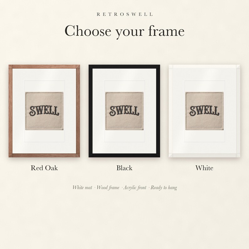 Frame options for Swell Patch: Red Oak, black and white wood frames, each with a white mat.