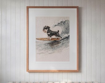Lámina artística de Schnauzer miniatura surfeando / Arte mural de perro en acuarela (descarga digital)