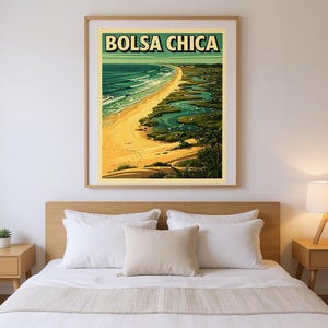 Bolsa Chica Surf Poster framed in a modern bedroom setting