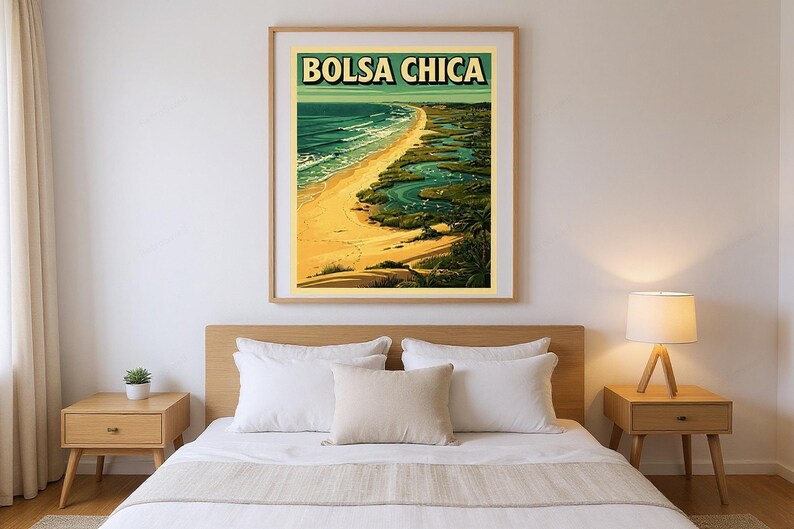 Bolsa Chica Surf Poster framed in a modern bedroom setting