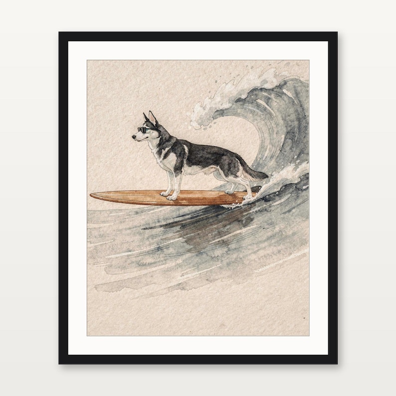Husky Surfing Art Print | Watercolor Dog Wall Art | Coastal Beach Decor | Printable Instant Download | Funny Surf Dog Gift image 3