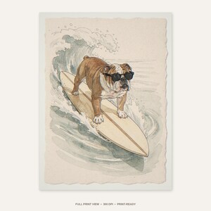 Bulldog Surfing Print - full unframed print view, 300 DPI print-ready quality