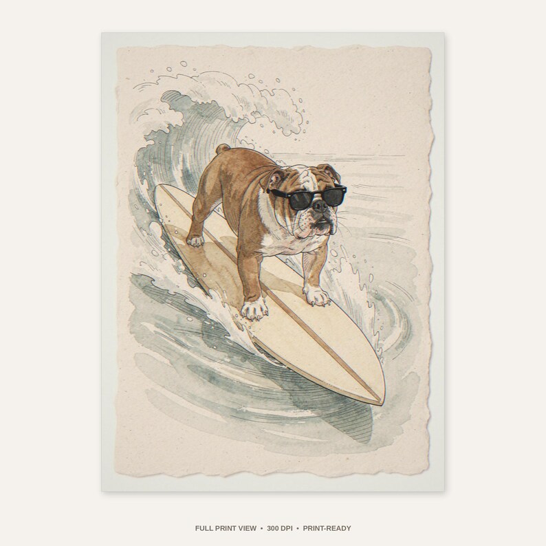 Bulldog Surfing Print - full unframed print view, 300 DPI print-ready quality