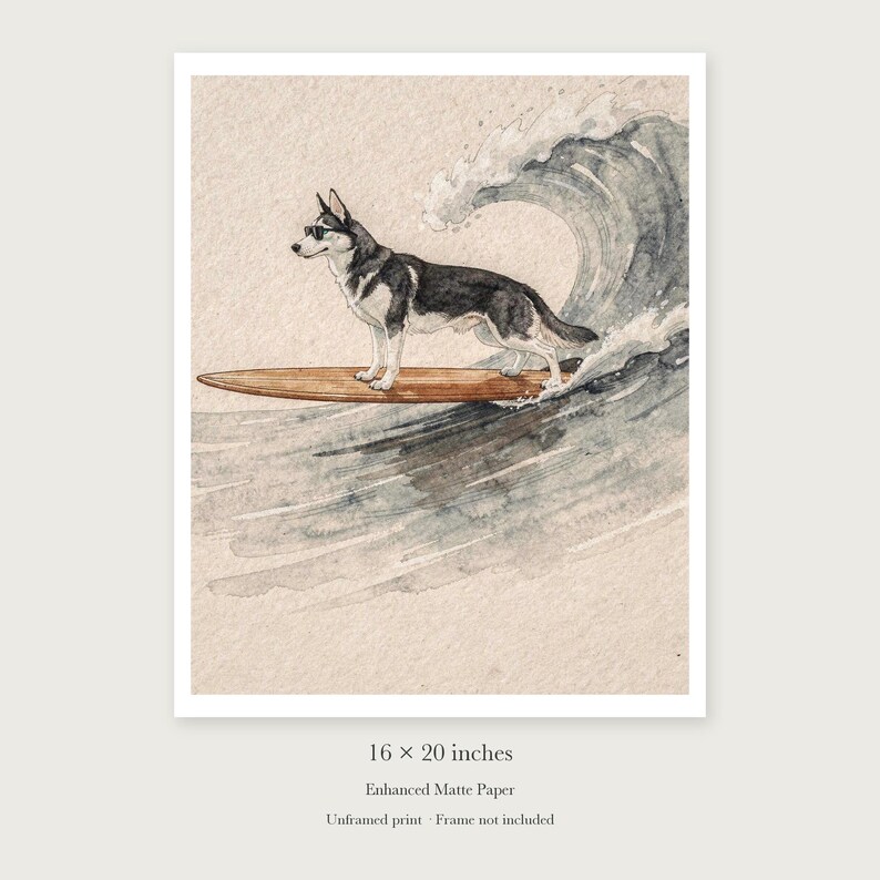 Husky Surfing unframed 16 by 20 inch print on enhanced matte paper, shown with its white paper border.