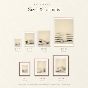 Sizes and formats for Layered Waves Ink Style, shown to scale: unframed prints, oak hanger and framed prints.