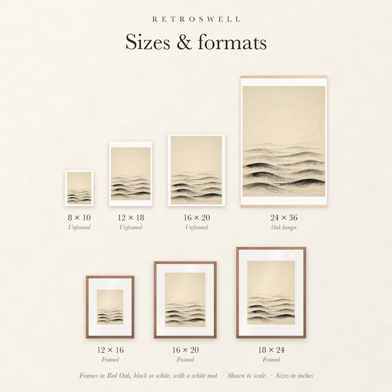 Sizes and formats for Layered Waves Ink Style, shown to scale: unframed prints, oak hanger and framed prints.