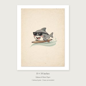 Shark Surfing unframed 8 by 10 inch print on enhanced matte paper, shown with its white paper border.