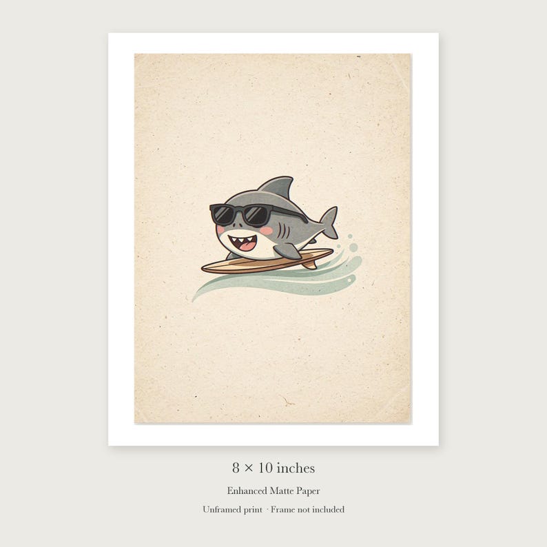 Shark Surfing unframed 8 by 10 inch print on enhanced matte paper, shown with its white paper border.