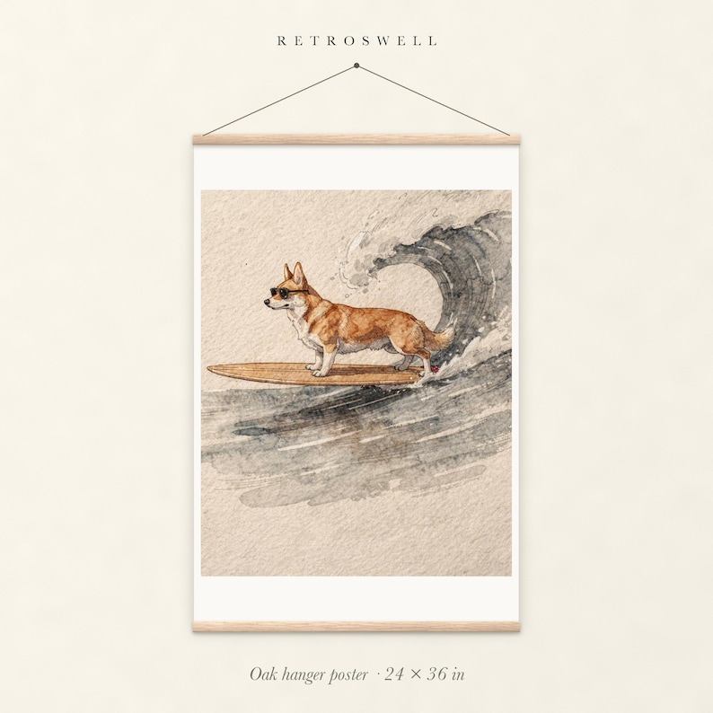 Corgi Surfing oak hanger poster, 24 by 36 inches, with natural wood rails and a hanging cord.