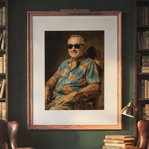 Harry S. Truman Surfer print in a Red Oak frame with a white mat, hanging on the wall between the shelves in a home library.