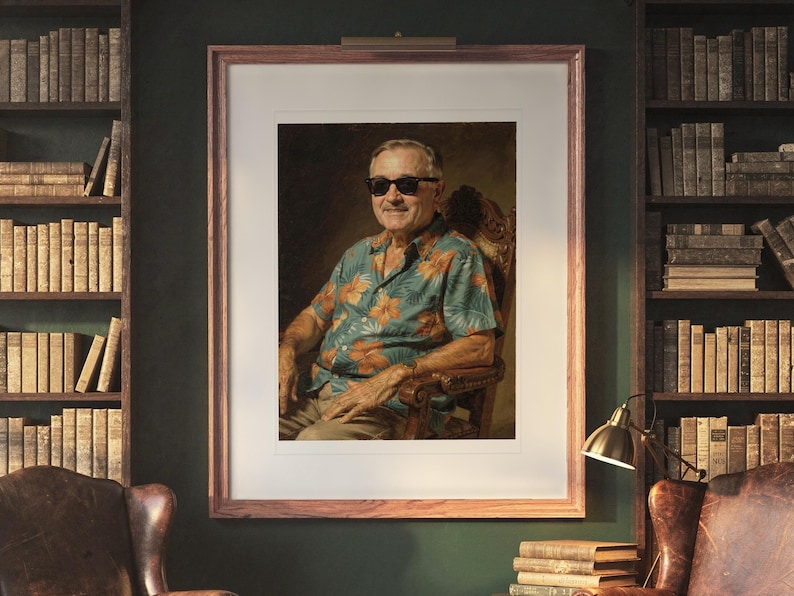 Harry S. Truman Surfer print in a Red Oak frame with a white mat, hanging on the wall between the shelves in a home library.