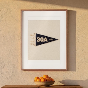 May include: A framed wall art print featuring a dark blue triangular pennant with the white text 30A and a small wave icon. The pennant has three white fabric ties on the left side. Below the frame sits a bowl filled with fresh orange citrus fruit.