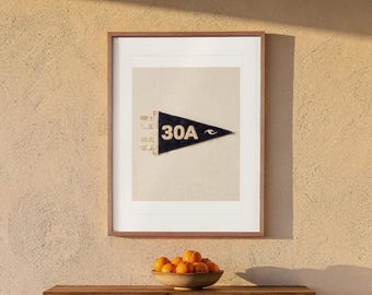 May include: A framed wall art print featuring a dark blue triangular pennant with the white text 30A and a small wave icon. The pennant has three white fabric ties on the left side. Below the frame sits a bowl filled with fresh orange citrus fruit.