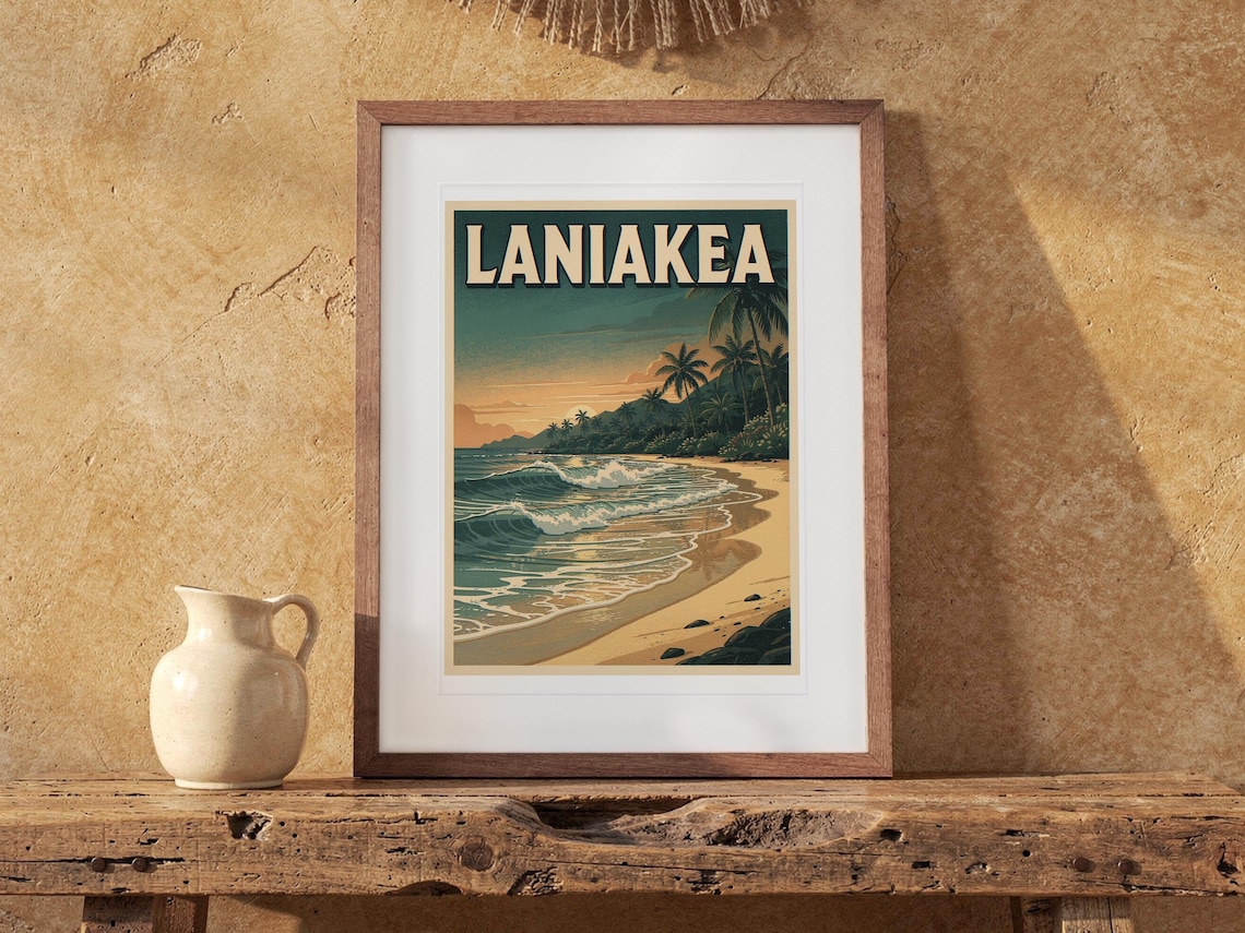 Laniakea Surf Travel Poster print in a Red Oak frame with a white mat, leaning on the bench against the wall in a boho living room.