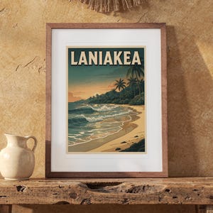 Laniakea Surf Travel Poster print in a Red Oak frame with a white mat, leaning on the bench against the wall in a boho living room.