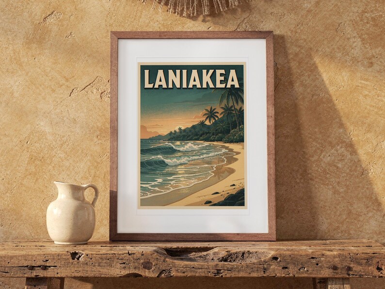 Laniakea Surf Travel Poster print in a Red Oak frame with a white mat, leaning on the bench against the wall in a boho living room.