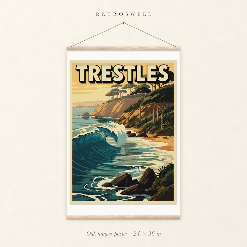 Trestles California Surf oak hanger poster, 24 by 36 inches, with natural wood rails and a hanging cord.