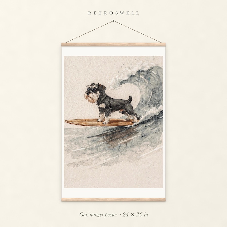 Miniature Schnauzer Surfing oak hanger poster, 24 by 36 inches, with natural wood rails and a hanging cord.