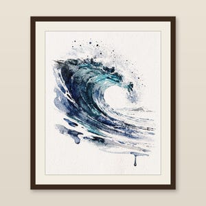 Ocean Wave Watercolor Print, Glassy Blue Surf Painting, Coastal Wall Decor, Beach House Art, Printable Wall Art Digital Download