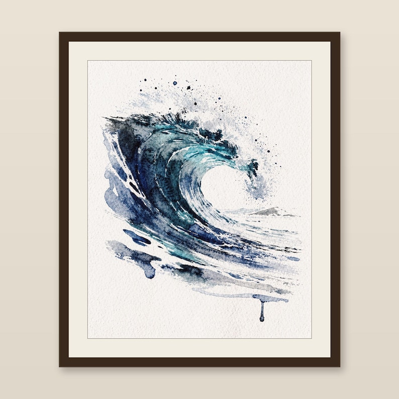 Ocean Wave Aquarell Druck, glasig blau Surf Malerei, Küsten Wand-Dekor, Strand-Haus-Kunst, druckbare Wandkunst digitaler Download Bild 1