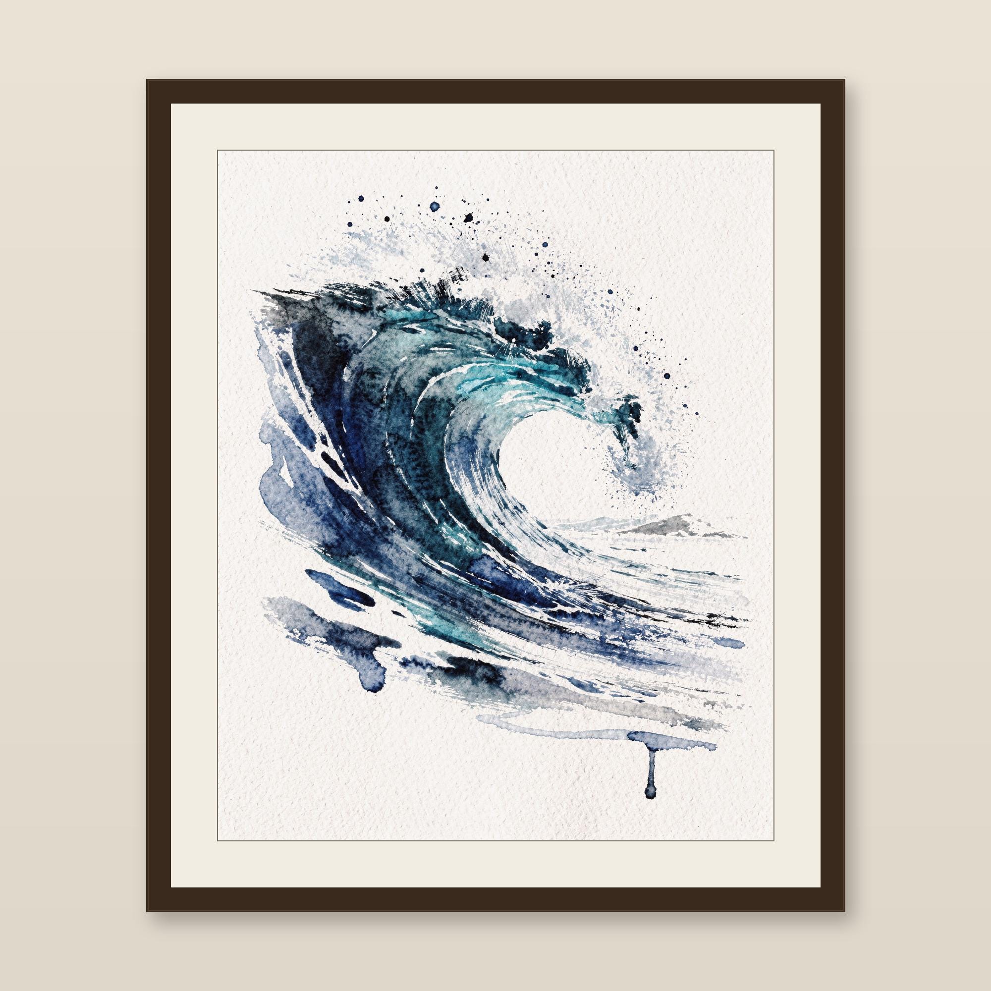 Ocean Wave Watercolor Print, Glassy Blue Surf Painting, Coastal Wall Decor, Beach House Art, Printable Wall Art Digital Download
