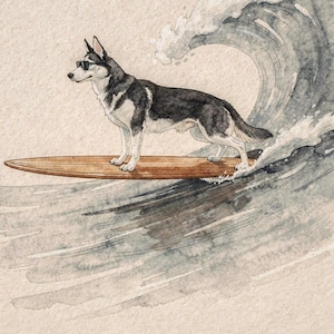 Husky Surfing Art Print | Watercolor Dog Wall Art | Coastal Beach Decor | Printable Instant Download | Funny Surf Dog Gift image 2