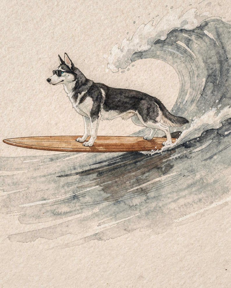 Husky Surfing Art Print | Watercolor Dog Wall Art | Coastal Beach Decor | Printable Instant Download | Funny Surf Dog Gift image 2