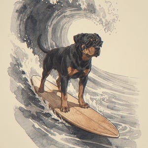 Rottweiler surfing unframed printed artwork and full composition with its paper border.
