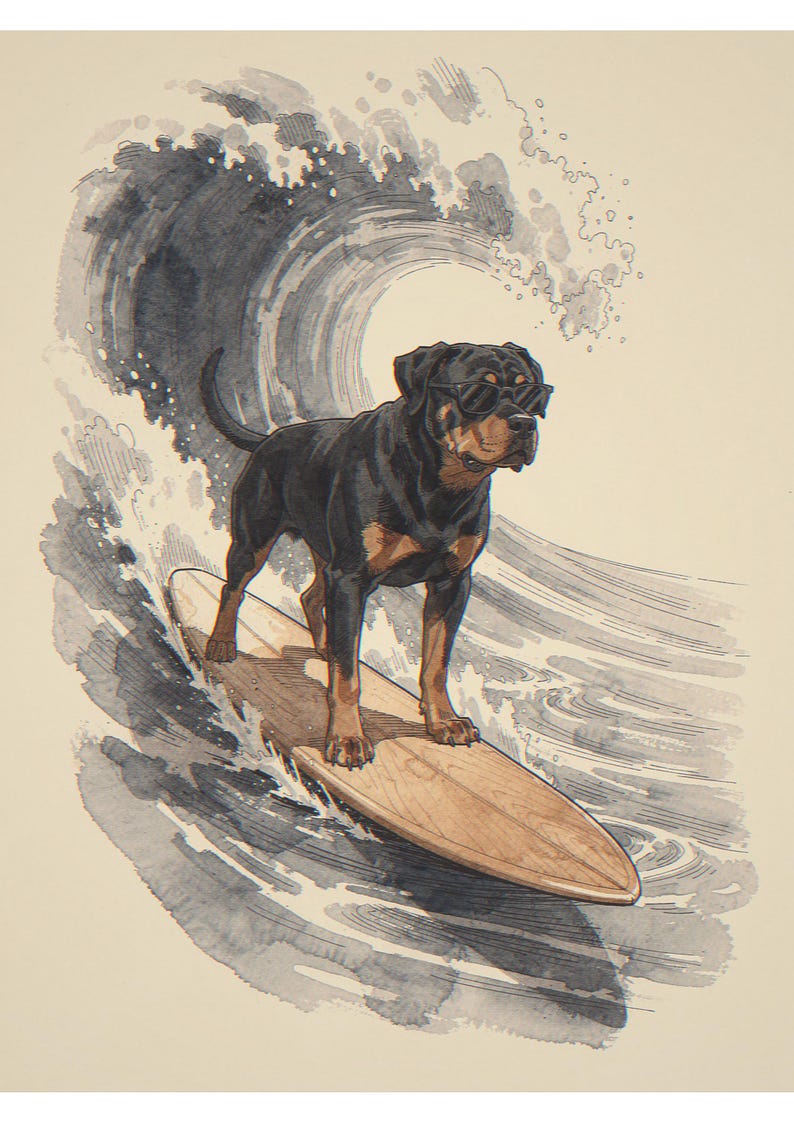 Rottweiler surfing unframed printed artwork and full composition with its paper border.
