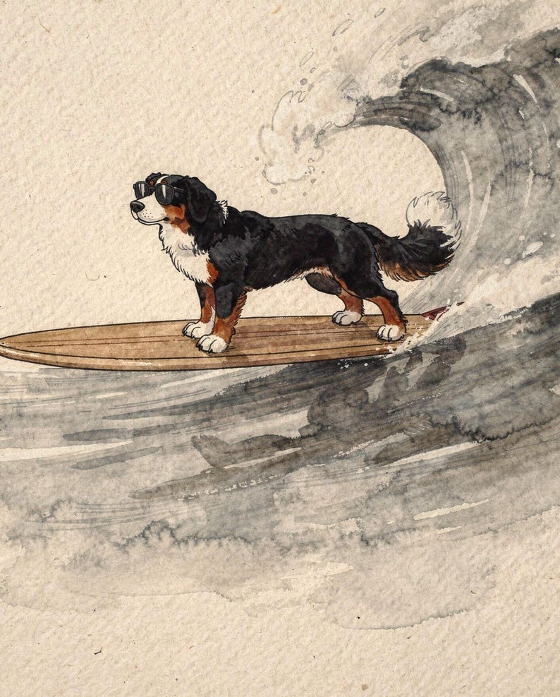 Bernese Mountain Dog surfing unframed printed artwork and full composition with its paper border.